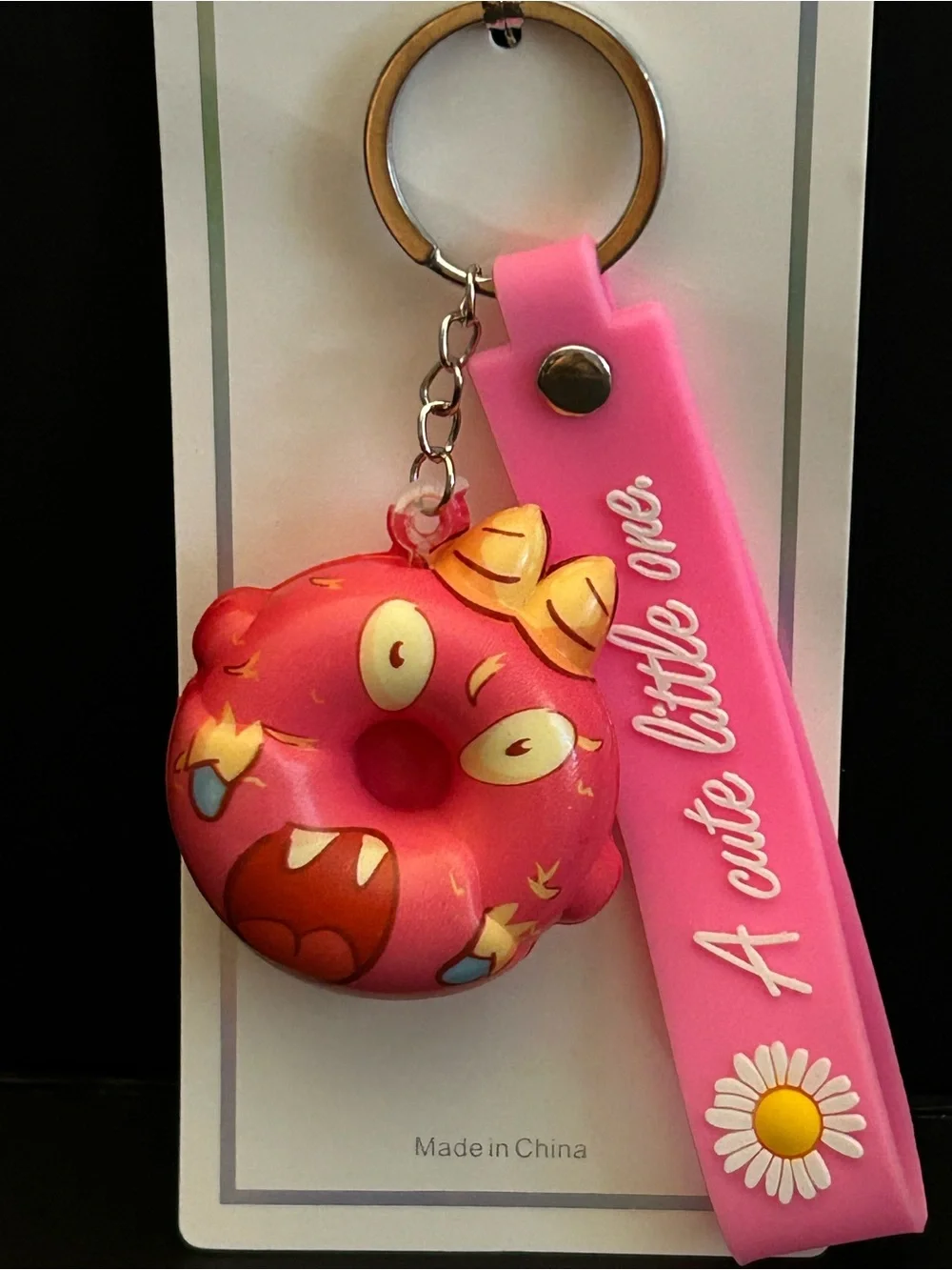 Pink Donut Monster Keychain with Pink Silicone Strap Brand New